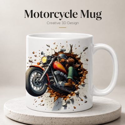 Motorcycle Mug – Premium Ceramic Coffee Mug with 3D Creative Biker Wraparound Design, Microwave & Dishwasher Safe